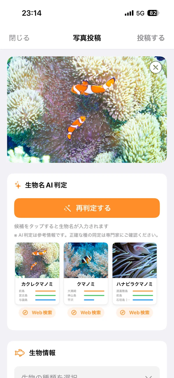 写真投稿とAI判定の画面