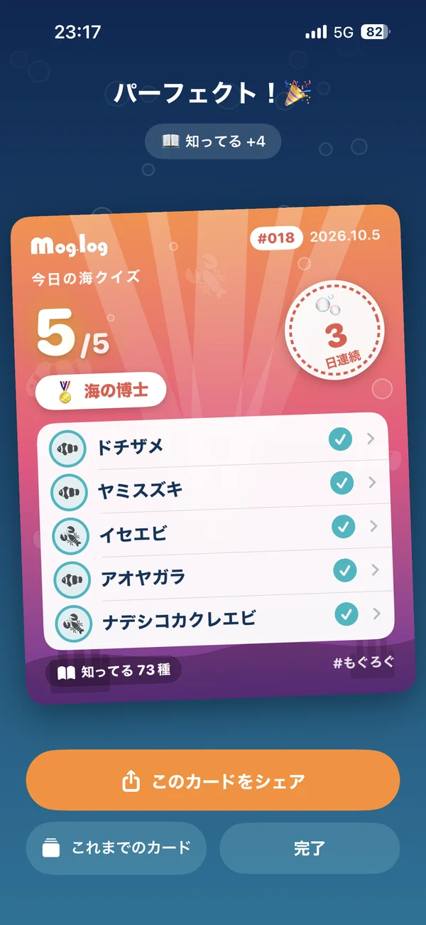 クイズの成績カード画面